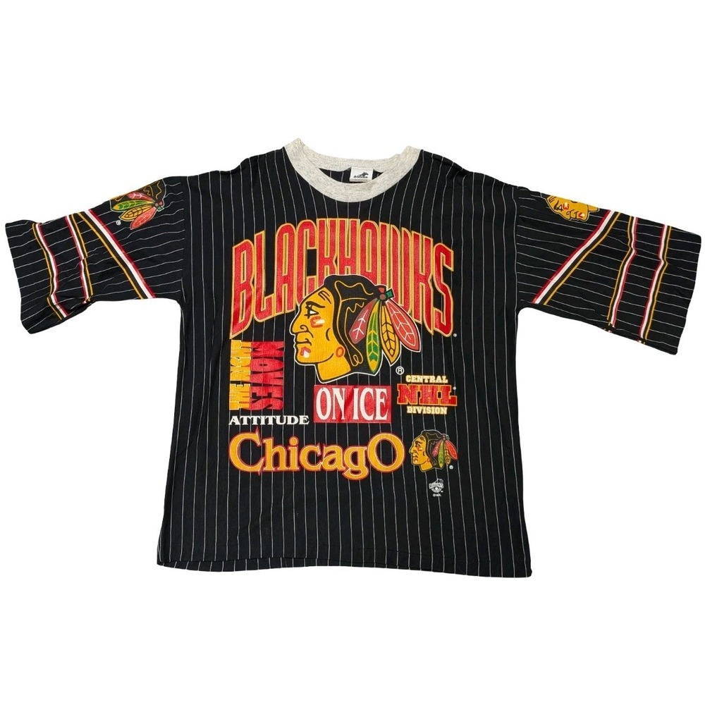 VTG 90s Chicago Blackhawks NHL AOP Double Sided Pinstripe T-shirt Men's Size M